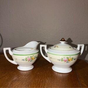 Vintage Hand Painted Made in Japan Floral Sugar & Creamer Set Green Band